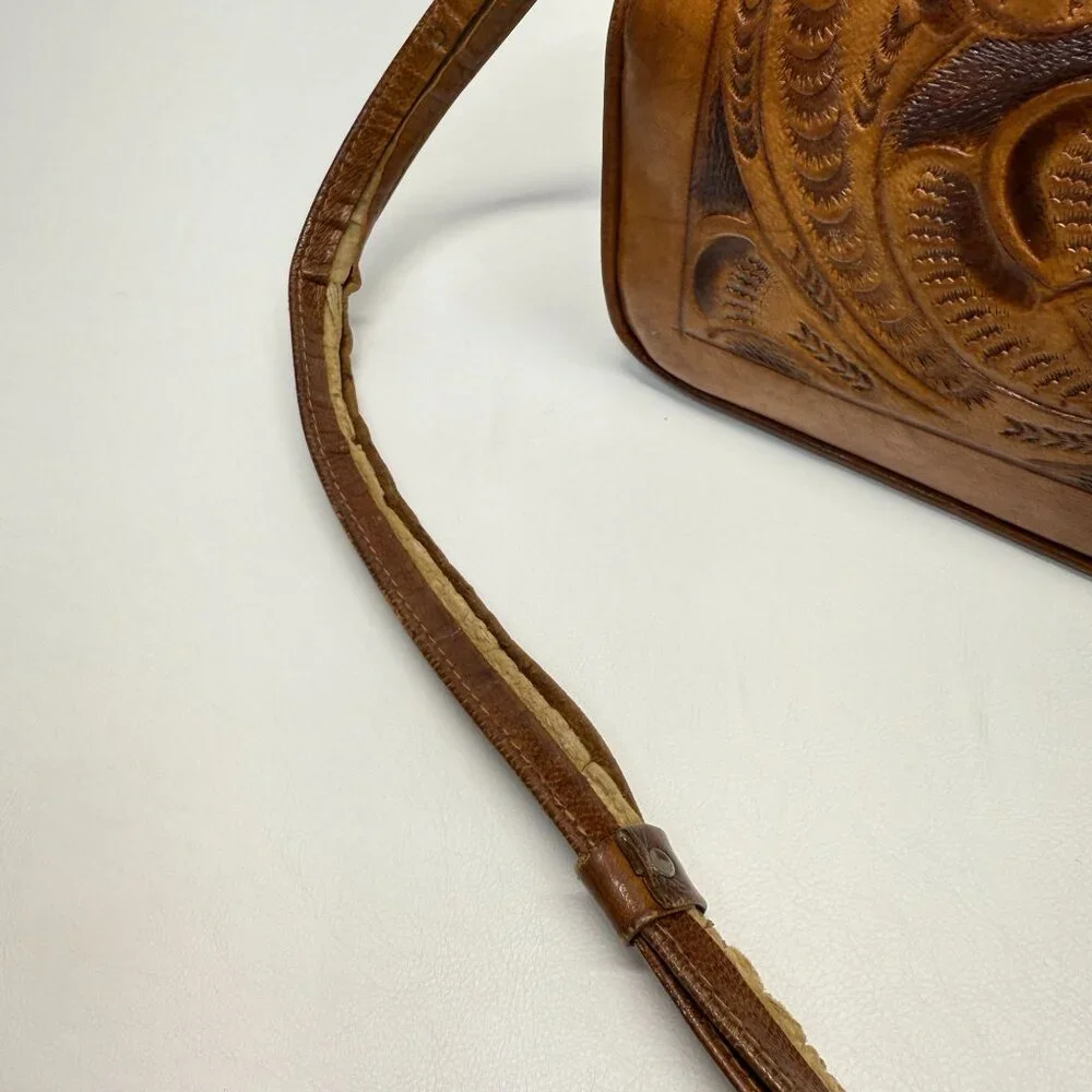 Vintage Hand Tooled Leather Shoulder Bag Made In Mexico Rose Flower - Picture 10 of 16